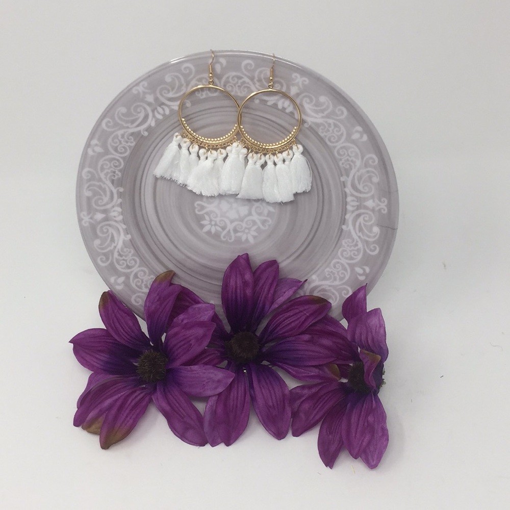 Boho White Tasseled Gold Hoop Earrings - Picture 3 of 3